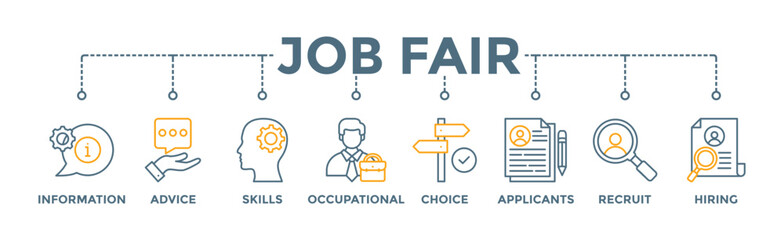 Job fair banner web icon vector illustration concept for employee recruitment and onboarding program with an icon of the information, advice, skills, occupational, applicants, recruit, and hiring