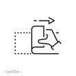 hand with sticker open icon, peel off duct tape, pull by hand to opened up, thin line symbol on white background - editable stroke vector illustration