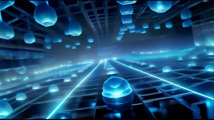 Wall Mural - Spheres of light advancing through a tunnel illuminated in futuristic blue, reminiscent of science technology or a digital network.
