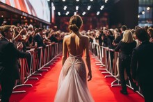Back View Of Celebrity Nominees Arrive For The Premiere. Stars In Gorgeous Evening Gowns Arrive To The Red Carpet For The Festive Awards Ceremony