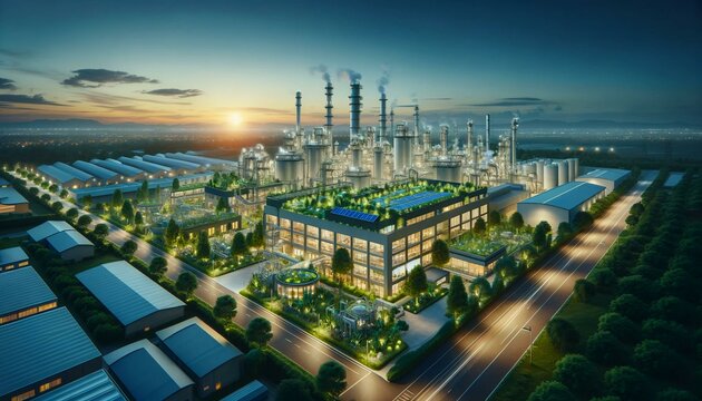 eco-friendly industrial park and factory with sustainable green technology and clean energy. ai gene