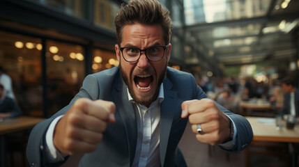 Wall Mural - Portrait of a furious businessman screaming and clenching fists in a cafe