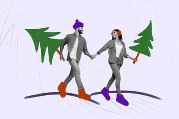 Sticker - Creative collage image of two positive black white effect partners hold arms little new year tree walk isolated on painted background