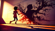 Little girl running in front of wall with shadow of man.