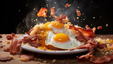 Fototapeta Perspektywa 3d - Big breakfast with bacon and scrambled eggs image in the dark background