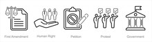 A Set Of 5 Freedom Of Speech Icons As First Amendment, Human Right, Petition