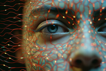 Fototapete - Close-up of a person amidst abstract cognitive connection patterns, illustrating the interconnected and collaborative nature of brain-inspired design. 3