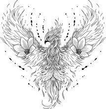 Phoenix Hand Drawn Illustration With Flowers. Black White Mystical Design.