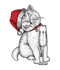 Wall Mural - Vector illustration of a cat in a Santa hat licking a glass of champagne in engraving style