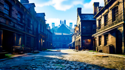 Cobblestone street in old city with clock tower in the distance.