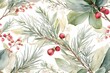 © Jolie - Christmas background with branches and berries. Christmas tree garland seamless border. Watercolor painted illustration. Winter floral frame.