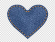 Heart shape tag made from denim fabric. Template isolated on transparent background. vector mockup