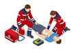 © Golden Sikorka - Isometric concept of Cardiac Massage CPR Emergency Aid. Medic character performing chest compressions and artificial ventilation. Ambulance responders and medics attending to the patient.