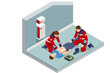 © Golden Sikorka - Isometric concept of Cardiac Massage CPR Emergency Aid. Medic character performing chest compressions and artificial ventilation. Ambulance responders and medics attending to the patient.