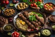A Middle Eastern feast spread with baba ganoush, falafel, kofta kebabs, and dolmas, the table 