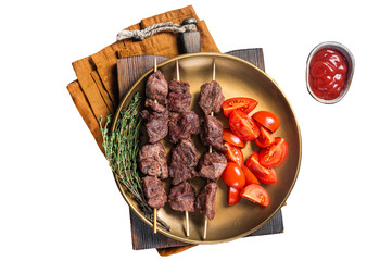 Wall Mural - Lamb shish kebab grilled Skewers in a plate with tomato.  Transparent background. Isolated.
