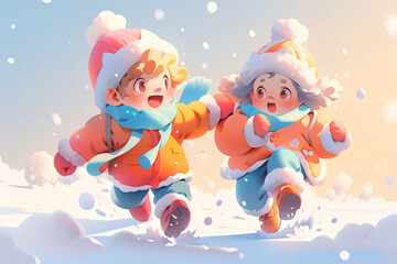  Winter solstice, children having snowball fight outdoors 3D scene concept illustration