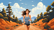 Happy young woman running so fast, illustration of beautiful sunny day sport outdoor