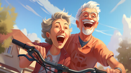 Wall Mural - Old Couple doing exercises training at gym. Sporty people working out. Sport, workout, run and fitness. Cartoon illustration