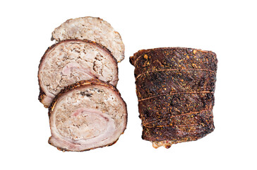 Wall Mural - Sliced roast pork meat  roulade on a steel tray.  Transparent background. Isolated.