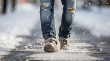 Person Walking In Snow With Pair Of Jeans On And Pair Of Brown Boots, Bottom View.