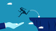 Deciding to change jobs. woman flees, jumps off cliff into big hands. vector