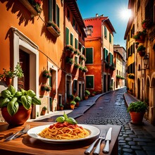 A Mouthwatering Plate Of Pasta Shines Under The Mediterranean Sun, Adorned With Vibrant Marinara Sauce, Fresh Basil, And Grated Parmesan Cheese, Italian Pasta In The City