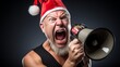 Angry authoritarian man, boss shouting into a megaphone, Santa Claus as a cantankerous, bitter, unpleasant, despicable, contemptuous and irascible manager. Crabby, grumpy senior in rage.