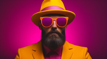 Homme barbu hipster chic avec lunettes de soleil et chapeau classe jaune et rose