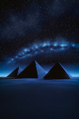 Wall Mural - view of three pyramids in the desert at night with a sky of stars and the milky way in the backgroun