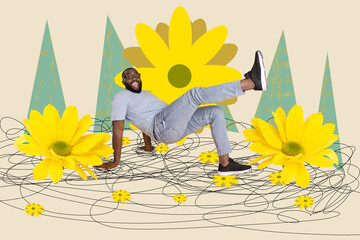 Sticker - Exclusive sketch collage image of funky carefree guy enjoying summer dancing party isolated creative background