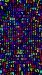 Vertical video - colorful digital code matrix motion background - multicolored letters, numbers and punctuation marks. Computer programming or hacking concept. HD looping technology background.