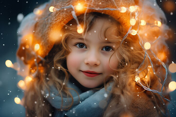 Canvas Print - Little beautiful child boy girl Christmas fair market garland lights over head Generative AI