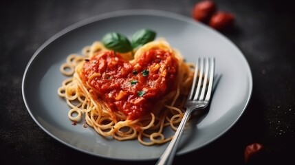 Heart-shaped plate with pasta spaghetti and tomato sauce, a symbol of love, romance, and Valentine's Day. Romantic dinner, creating an atmosphere of affection and celebration concept.