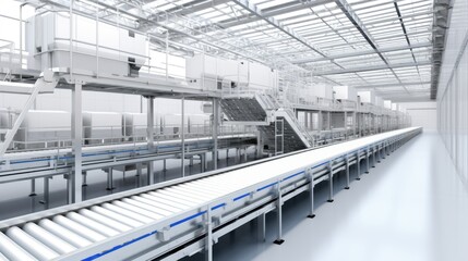 Wall Mural - New empty conveyor line in a manufacturing facility or warehouse. Illustration for banner, poster, cover, brochure, advertising, marketing or presentation.
