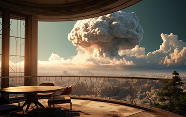 Wall Mural - The mushroom cloud explodes at the city view from the balcony.