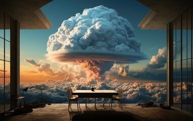 Wall Mural - The mushroom cloud explodes at the city view from the balcony.