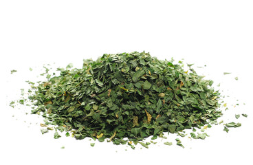 Wall Mural - Chopped dry parsley leaves, pile isolated on white, side view
