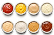 Different types of sauces: mustard, ketchup, Thousand Island, creamy, barbecue, tartar, cheesy, mayo. top view. white background.