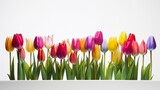 Fototapeta Tulipany - Breathtaking arrangement of rainbow-colored tulips, standing out against a white backdrop.