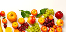 Various Fruits Healthy Food Concept Arrange A Beautiful Top View Including Fruits With High Vitamins, Fresh Fruits Such As Oranges, Apples, Grapes, Etc., With Space On A White Background.