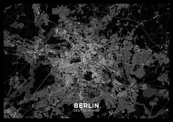 Wall Mural - Berlin map. Detailed dark map poster of Berlin (Germany). Scheme of the city with roads, highways, railways, buildings, rivers etc.