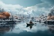 Tranquil winter kayaking on a serene lake surrounded by snowy shores, hygge concept