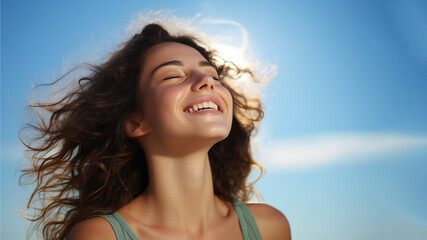 Wall Mural - A Brunette woman breathes calmly looking up isolated on clear blue sky