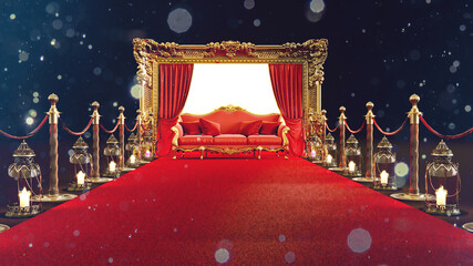 Wall Mural - 3D render of red carpet with gold barriers leading to a red luxury sofa, vip concept