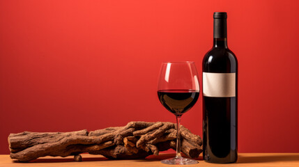 Canvas Print - Bottle of red wine with a composition of old vine on red background