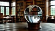 Eine Glaskugel mit wasser gefüllt in einer alten bibliothek