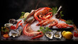 Raw fish shrimp oysters mussels shells on ice