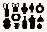 Fototapeta Młodzieżowe - Vector hand-drawn trendy clay pots, vases, jugs, jars collection. Textured black ceramics design elements, pottery logo illustrations, isolated on white background.