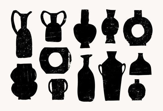 Wall Mural -  - vector hand-drawn trendy clay pots, vases, jugs, jars collection. textured black ceramics design ele